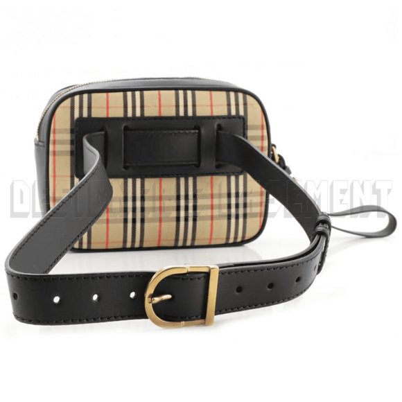 BURBERRY black leather LINK 1983 beige canvas Equestrian Knight Check Belt Bag - Picture 9 of 12
